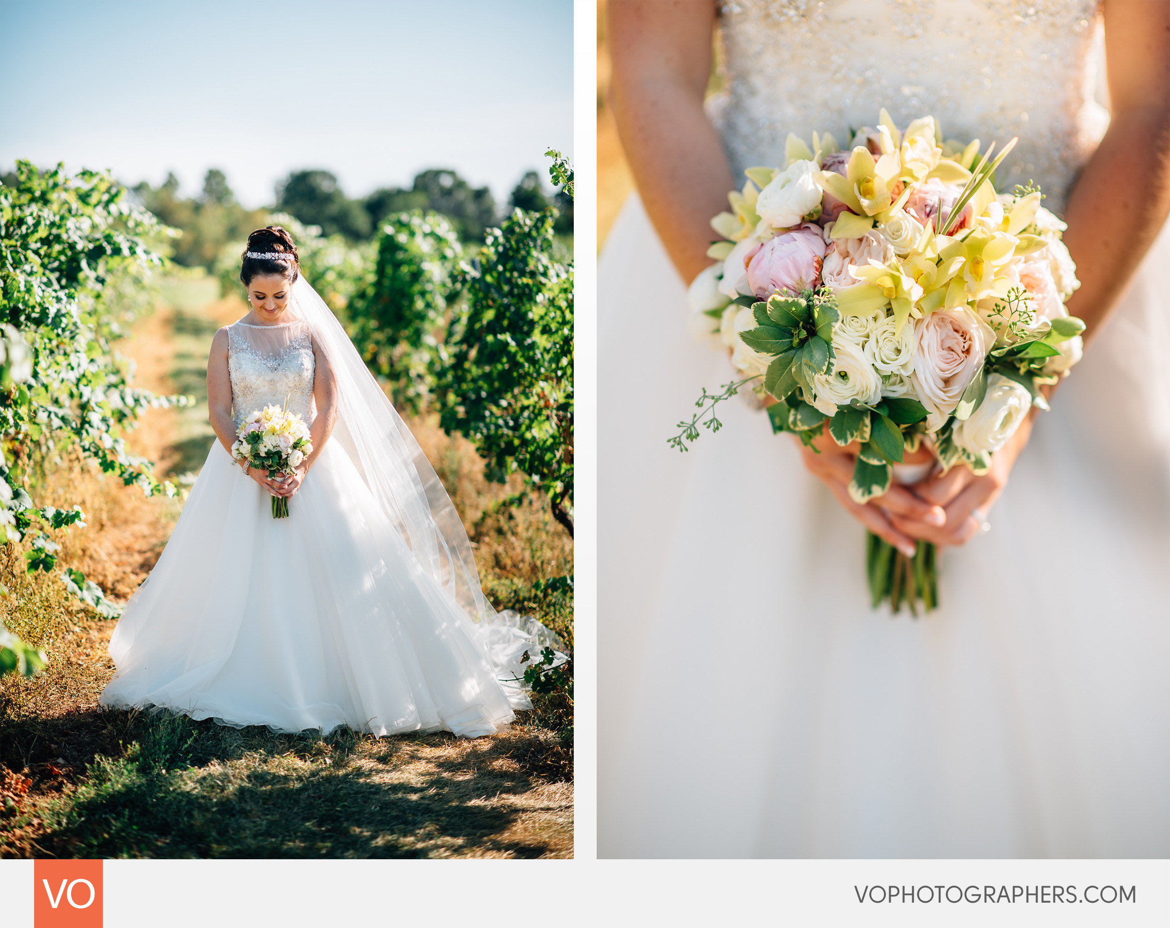 Bride's wedding dress and her bouquet