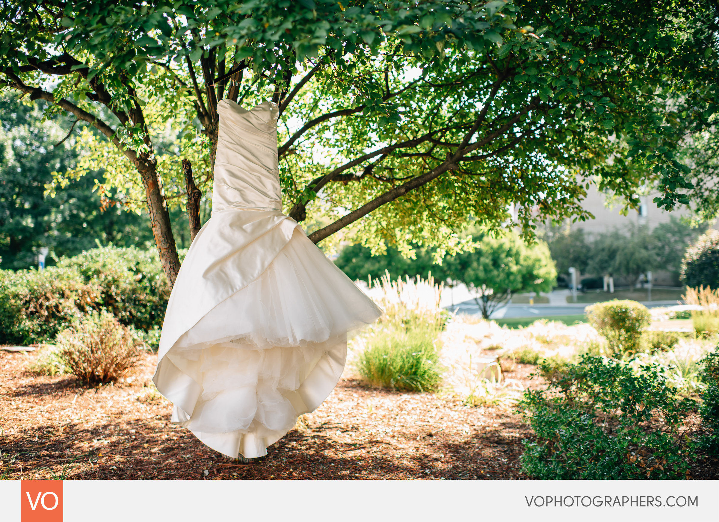 Wedding dress hanging on a tree